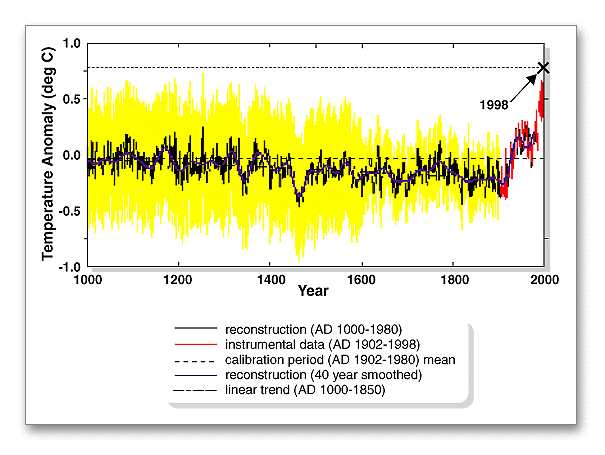 NOAA plot of best estimates of temperature variations over last 1000 years from multiple sources