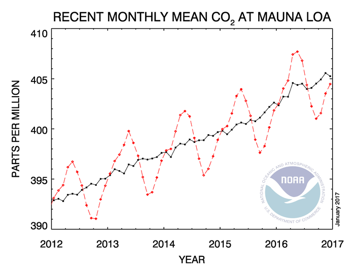 Five year trend CO2 in air through 2016